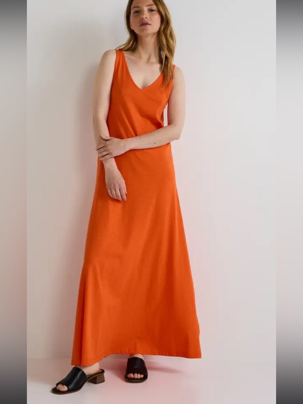 Monoprix Rust Orange Cotton V-Neck Maxi Dress Size M